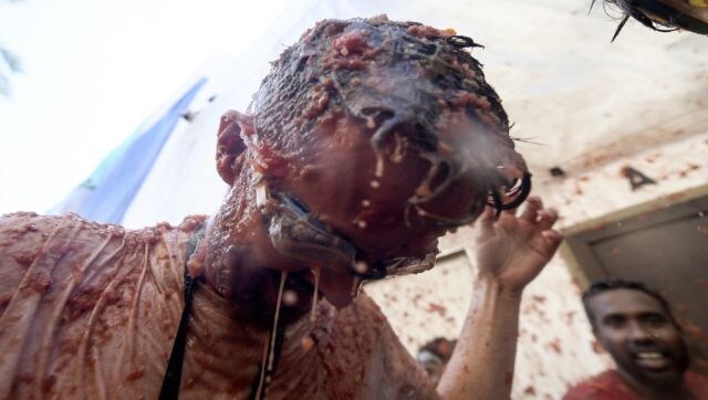 Back with a Splat: A reveller covered in tomato pulp takes part in the annual “Tomatina” festival in the eastern town of Bunol, on 31 August. “La Tomatina”, a famous tomato fight that attracts thousands of tourists to the town of Bunol (eastern Spain), made its comeback after two years of absence due to the pandemic. Some 15,000 people took part in this food fight, with 130 tonnes of (very) ripe tomatoes as ammunition. AFP Back with a Splat: A reveller covered in tomato pulp takes part in the annual “Tomatina” festival in the eastern town of Bunol, on 31 August. “La Tomatina”, a famous tomato fight that attracts thousands of tourists to the town of Bunol (eastern Spain), made its comeback after two years of absence due to the pandemic. Some 15,000 people took part in this food fight, with 130 tonnes of (very) ripe tomatoes as ammunition. AFP
