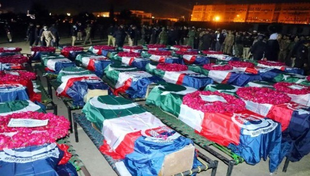 Pakistan’s security officials gather to attend funeral prayers for police officers who were killed in a mosque blast inside the police headquarters in Peshawar. AFP Pakistan’s security officials gather to attend funeral prayers for police officers who were killed in a mosque blast inside the police headquarters in Peshawar. AFP