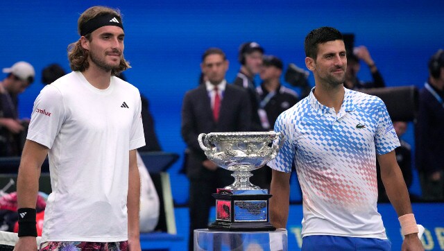 Novak Djokovic and Stefanos Tsitsipas pose with the Norman Brookes Challenge Cup ahead of the 2023 Australian Open men’s singles final. AP Novak Djokovic and Stefanos Tsitsipas pose with the Norman Brookes Challenge Cup ahead of the 2023 Australian Open men’s singles final. AP