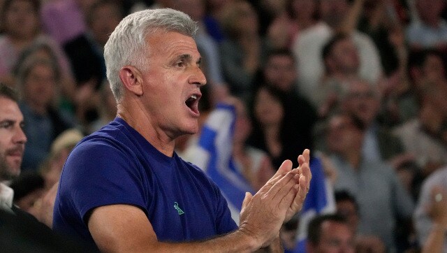 Apostolos Tsitsipas, father and coach of Stefanos Tsitsipas, cheers his son on during the 2023 Australian Open men’s singles final. AP Apostolos Tsitsipas, father and coach of Stefanos Tsitsipas, cheers his son on during the 2023 Australian Open men’s singles final. AP
