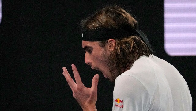 Stefanos Tsitsipas reacts angrily during the Australian Open men’s singles final against Novak Djokovic. AP Stefanos Tsitsipas reacts angrily during the Australian Open men’s singles final against Novak Djokovic. AP
