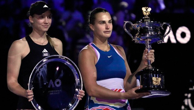 Aryna Sabalenka, right, of Belarus holds the Daphne Akhurst Memorial Trophy after defeating Elena Rybakina of Kazakhstan in the women’s singles final at the Australian Open tennis championship in Melbourne, Australia, Saturday, Jan. 28, 2023. (AP Photo/Dita Alangkara) Aryna Sabalenka, right, of Belarus holds the Daphne Akhurst Memorial Trophy after defeating Elena Rybakina of Kazakhstan in the women’s singles final at the Australian Open tennis championship in Melbourne, Australia, Saturday, Jan. 28, 2023. (AP Photo/Dita Alangkara)