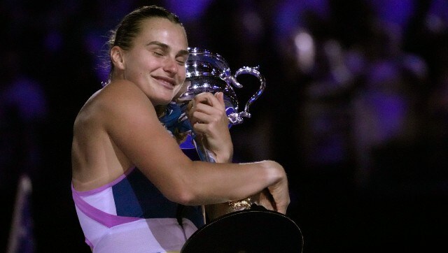 Aryna Sabalenka of Belarus hugs the Daphne Akhurst Memorial Trophy aloft after defeating Elena Rybakina of Kazakhstan in the women’s singles final at the Australian Open tennis championship in Melbourne, Australia, Saturday, Jan. 28, 2023. (AP Photo/Dita Alangkara) Aryna Sabalenka of Belarus hugs the Daphne Akhurst Memorial Trophy aloft after defeating Elena Rybakina of Kazakhstan in the women’s singles final at the Australian Open tennis championship in Melbourne, Australia, Saturday, Jan. 28, 2023. (AP Photo/Dita Alangkara)