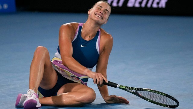 Aryna Sabalenka of Belarus celebrates after defeating Elena Rybakina of Kazakhstan in the women’s singles final at the Australian Open tennis championship in Melbourne, Australia, Saturday, Jan. 28, 2023. (AP Photo/Dita Alangkara) Aryna Sabalenka of Belarus celebrates after defeating Elena Rybakina of Kazakhstan in the women’s singles final at the Australian Open tennis championship in Melbourne, Australia, Saturday, Jan. 28, 2023. (AP Photo/Dita Alangkara)