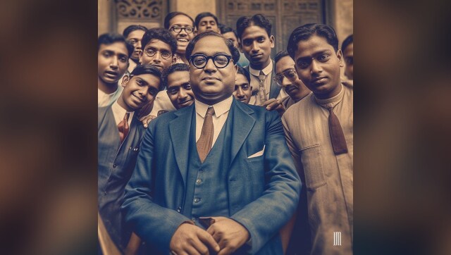 Dr BR Ambedkar: An inspiration for generations to come, Dr Ambedkar, is pictured here with a bunch of students. Note how the AI picked up the blue colour of the suit, given that there are very few, real photographs of him in a blue suit. | Image Credit: Jyo John Mulloor via Instagram