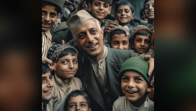 Pandit Jawaharlal Nehru: The first Prime Minister of India, living up to the adage “chacha” or “uncle,” surrounded by children. One thing that stands out here, is how the AI model has pretty much the same reference for men’s clothes here. Nehru, would for sure have worn his signature styled coat instead of the western garb he is shown wearing. | Image Credit: Jyo John Mulloor via Instagram