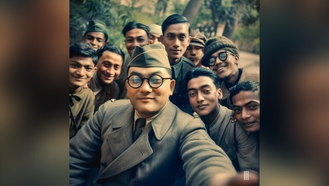 Netaji Subhash Chandra Bose: Finally, we have Netaji Subhash Chandra Bose, and his troop of soldiers, most of whom are young students. The AI model seems to struggle in dealing with glasses or elements. | Image Credit: Jyo John Mulloor via Instagram