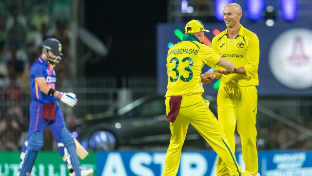 Ashton Agar (right) celebrates with Marnus Labuschagne after dismissing Virat Kohli (54) during the third ODI between India and Australia in Chennai. Sportzpics