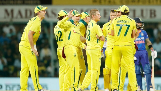 The Australian players celebrate the dismissal of India opener Shubman Gill during the third ODI in Chennai. Shubman was out for 37 after being dismissed by Adam Zampa Sportzpics