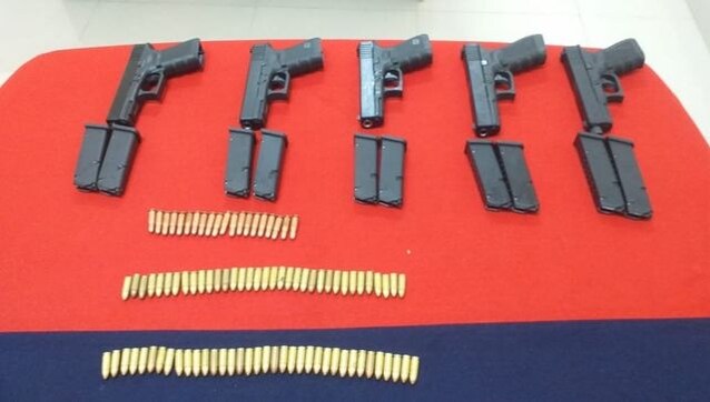 Five Glock pistols, 90 catridges dropped by Pak drone recovered by BSF in Punjab Five Glock pistols, 90 catridges dropped by Pak drone recovered by BSF in Punjab