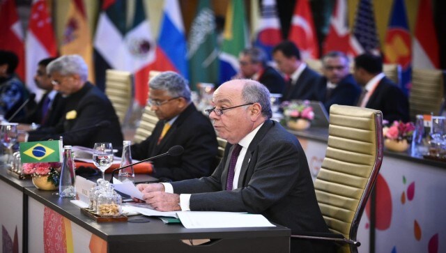 Brazilian foreign minister Mauro Vieira addresses the G20 Foreign Ministers’ meeting during session one on Thursday at the RBCC in New Delhi. Image Courtesy: @MEAIndia/Twitter Brazilian foreign minister Mauro Vieira addresses the G20 Foreign Ministers’ meeting during session one on Thursday at the RBCC in New Delhi. Image Courtesy: @MEAIndia/Twitter