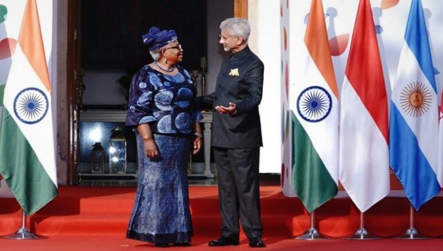 WTO Director-General Ngozi Okonjo-Iweala is welcomed by External Affairs Minister Jaishankar as she arrives for the G20 Foreign Ministers meeting. PTI WTO Director-General Ngozi Okonjo-Iweala is welcomed by External Affairs Minister Jaishankar as she arrives for the G20 Foreign Ministers meeting. PTI