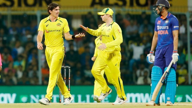 Australia pacer Sean Abbott celebrates after dismissing India skipper Rohit Sharma during the third ODI in Chennai. Rohit managed just 30 off 17 balls. Sportzpics