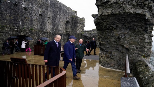 In this picture, Micheál Martin, Tánaiste of Ireland, and President Biden tour Carlingford Castle in County Louth. Notably, the US leader is spending three days in Ireland on his first visit back as president. He’ll also attend a gala dinner on Thursday and visit County Mayo, another ancestral area on the west coast, on Friday before returning to Washington. AP In this picture, Micheál Martin, Tánaiste of Ireland, and President Biden tour Carlingford Castle in County Louth. Notably, the US leader is spending three days in Ireland on his first visit back as president. He’ll also attend a gala dinner on Thursday and visit County Mayo, another ancestral area on the west coast, on Friday before returning to Washington. AP
