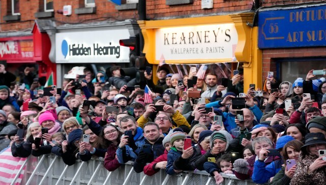 Crowds lined up and waited for eight hours to catch a glimpse of Biden in the towns of Carlingford and Dundalk, where the US president toured a castle, gazing out over the sea where his ancestors sailed, and gave an address in a local pub. AP Crowds lined up and waited for eight hours to catch a glimpse of Biden in the towns of Carlingford and Dundalk, where the US president toured a castle, gazing out over the sea where his ancestors sailed, and gave an address in a local pub. AP