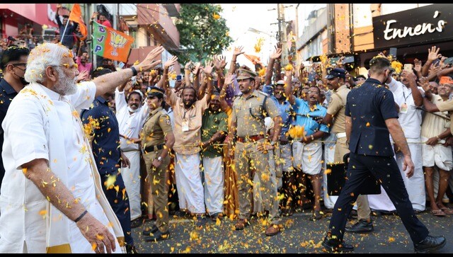 After he landed at the Thiruvananthapuram airport, his journey to the Central Railway Station was akin to a roadshow as thousands lined up on the roadsides, hours in advance, to greet him and showered him with flowers as his cavalcade passed them. Image Courtesy: @narendramodi/Twitter After he landed at the Thiruvananthapuram airport, his journey to the Central Railway Station was akin to a roadshow as thousands lined up on the roadsides, hours in advance, to greet him and showered him with flowers as his cavalcade passed them. Image Courtesy: @narendramodi/Twitter
