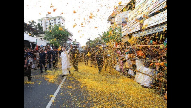 The entire state capital was under a tight security net, with the deployment of hundreds of police personnel and stringent traffic restrictions, as the PM travelled from the airport to the railway station. Image Courtesy: @narendramodi/Twitter The entire state capital was under a tight security net, with the deployment of hundreds of police personnel and stringent traffic restrictions, as the PM travelled from the airport to the railway station. Image Courtesy: @narendramodi/Twitter
