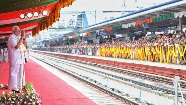 Prior to flagging off the Vande Bharat Express from platform one of the railway station, he interacted with a group of school children inside one of the coaches of the train. Hundreds of people also gathered on the opposite side platform to see the PM flag off the train. Image Courtesy: @narendramodi/Twitter Prior to flagging off the Vande Bharat Express from platform one of the railway station, he interacted with a group of school children inside one of the coaches of the train. Hundreds of people also gathered on the opposite side platform to see the PM flag off the train. Image Courtesy: @narendramodi/Twitter