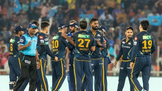 Gujarat Titans celebrate their win over Mumbai Indians in Ahmedabad on Tuesday. Sportzpics