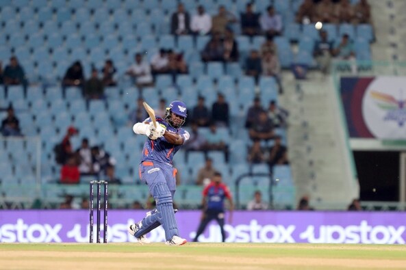 Kyle Mayers, making his IPL debut at 30 years old, made his Rs 50 lakh auction fee count for every penny. Mayers scored 73 runs in just 28 balls and stitched a crucial 79-run stand with Deepak Hooda. Image: Sportzpics
