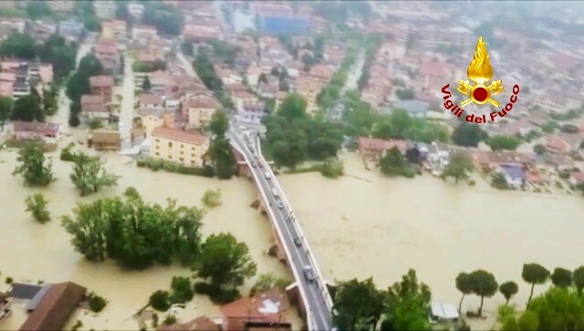 After the Savio River overflowed its banks in the town of Cesena, in the heart of the Emilia-Romagna region, some residents of heavily flooded streets took to rooftops to await rescue by helicopters, Italian firefighters said. This aerial photo provided by the Italian Firefighters shows flooded houses in Cesena, in the northern Italian region of Emilia Romagna. AP After the Savio River overflowed its banks in the town of Cesena, in the heart of the Emilia-Romagna region, some residents of heavily flooded streets took to rooftops to await rescue by helicopters, Italian firefighters said. This aerial photo provided by the Italian Firefighters shows flooded houses in Cesena, in the northern Italian region of Emilia Romagna. AP