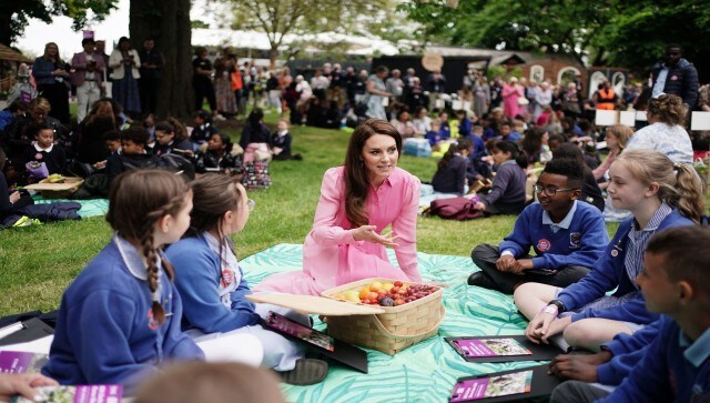 Kate talks with pupils from schools taking part in the first Children’s Picnic at the RHS Chelsea Flower Show, at the Royal Hospital Chelsea. The Palace added, “The introduction of children’s picnics at the RHS Chelsea Flower Show aims to help bring gardening and nature into the lives of more children.” AP