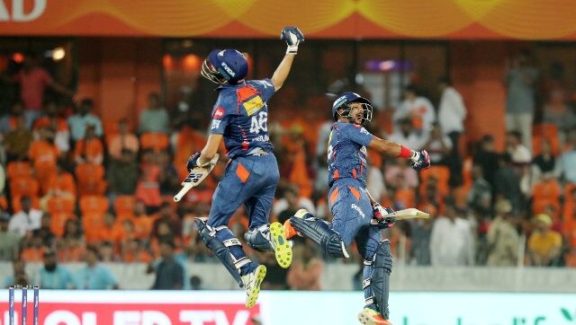 Nicholas Pooran and Prerak Mankad celebrate LSG’s win over SRH. LSG chased down a target of 183 with seven wickets and four balls to spare. Sportzpics Nicholas Pooran and Prerak Mankad celebrate LSG’s win over SRH. LSG chased down a target of 183 with seven wickets and four balls to spare. Sportzpics