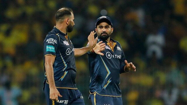 GT pacer Mohammed Shami celebrates with Rahul Tewatia after dismissing CSK opener Devon Conway. Sportzpics GT pacer Mohammed Shami celebrates with Rahul Tewatia after dismissing CSK opener Devon Conway. Sportzpics