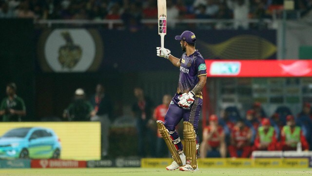Nitish Rana celebrates scoring his half-century during KKR’s chase. Sportzpics