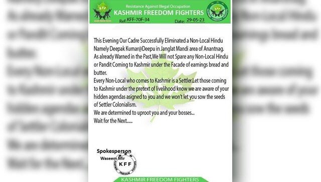 LeT offshoot KFF threatens to eliminate nonlocal Hindus Pandit coming to Kashmir on pretext of earning bread