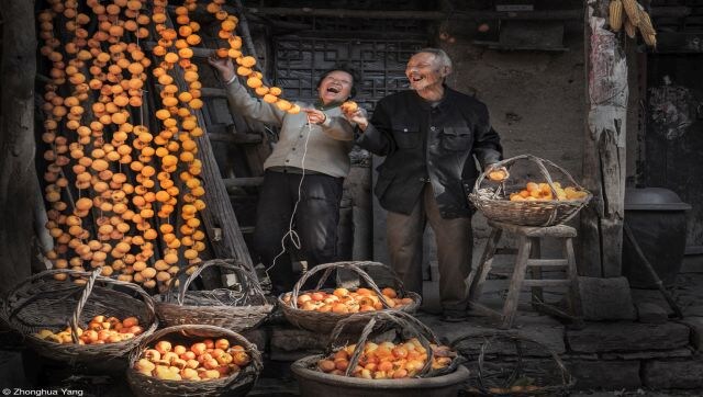 Hanging Up Persimmons: Autumn on the slopes of Shanxi Province, China. The mountainous region located in the Taihang Mountains, is so cold and dry that making hanging persimmon cakes is the main source of income for local farmers. This year’s persimmons are harvested, peeled and dressed, and hung under the eaves in bunches, hoping they will bring a good price in the New Year. Image Courtesy: Zhonghua Yang/Pink Lady® Food Photographer of the Year 2023