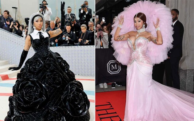 Cardi B first donned pink then switched to a full black ballgown with, you guessed it, camellias. Up top, she said, “is giving Karl, the house of Chanel and Karl at the same time.” It was a men’s white collar shirt accent with a black men’s tie. The outfit in honor of Lagerfeld was done by an up-and-coming British design house, Chenpeng Studio. Cardi B first donned pink then switched to a full black ballgown with, you guessed it, camellias. Up top, she said, “is giving Karl, the house of Chanel and Karl at the same time.” It was a men’s white collar shirt accent with a black men’s tie. The outfit in honor of Lagerfeld was done by an up-and-coming British design house, Chenpeng Studio.