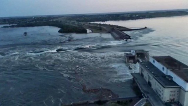 An aerial view of the dam of the Kakhovka Hydroelectric Power Station after it was partially destroyed. Ukraine accused Russian forces of blowing up the Kakhovka dam and hydroelectric power station, which sits on the Dnipro river in an area Moscow has controlled for more than a year. AFP