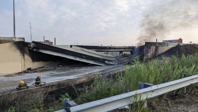 This image provided by the Office of Emergency Management shows firefighters standing near the collapsed part of I-95 in Philadelphia. Transportation officials warned of extensive delays and street closures and urged drivers to avoid the area in the city’s northeast corner. AP This image provided by the Office of Emergency Management shows firefighters standing near the collapsed part of I-95 in Philadelphia. Transportation officials warned of extensive delays and street closures and urged drivers to avoid the area in the city’s northeast corner. AP