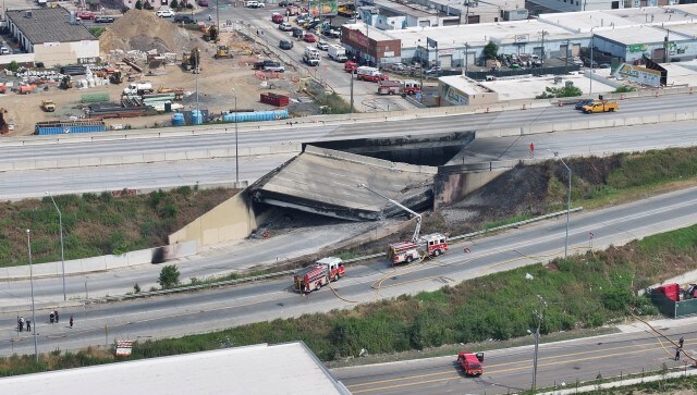 An elevated section of Interstate 95 collapsed early Sunday in Philadelphia after a tanker truck carrying flammable cargo caught fire, closing a heavily travelled segment of the East Coast’s main north-south highway indefinitely, authorities said. Reuters An elevated section of Interstate 95 collapsed early Sunday in Philadelphia after a tanker truck carrying flammable cargo caught fire, closing a heavily travelled segment of the East Coast’s main north-south highway indefinitely, authorities said. Reuters