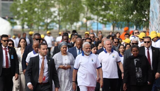 The Yoga Day event was attended by UN General Assembly president Csaba Korosi, New York City Mayor Eric Adams and Amina J Mohammed, Deputy Secretary General of the UN. Annelies Richmond, a professional ballerina, conducted the special session of yoga at the UN headquarters. Image Courtesy: Twitter/@MEAIndia