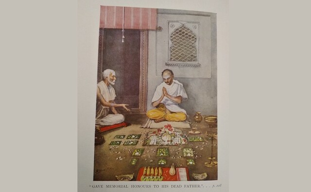 An exhibit titled MV Dhurandhar: The Artist as Chronicler flagged off on 19 August, 2018 at Dr Bhau Daji Lad Museum in Mumbai. The exhibition has on display works which are a depiction of Indian life. This painting, “Gave memorial honours to his dead father” appeared in the book <em>Deccan Nursery Tales</em> in the story <em>The Rishi and the Brahmin</em> by CA Kincaid, published in 1914. An exhibit titled MV Dhurandhar: The Artist as Chronicler flagged off on 19 August, 2018 at Dr Bhau Daji Lad Museum in Mumbai. The exhibition has on display works which are a depiction of Indian life. This painting, “Gave memorial honours to his dead father” appeared in the book <em>Deccan Nursery Tales</em> in the story <em>The Rishi and the Brahmin</em> by CA Kincaid, published in 1914.
