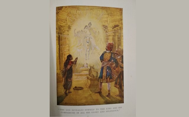 This illustration, The God revealed himself to the king and his companions in all his glory and splendour, appears in the story <em>The Golden Temple</em>. Dhurandhar was deeply rooted in traditional ideas in his personal life yet his works have been described as re-indigenized Indian naturalism in response to Western ideals. This illustration, The God revealed himself to the king and his companions in all his glory and splendour, appears in the story <em>The Golden Temple</em>. Dhurandhar was deeply rooted in traditional ideas in his personal life yet his works have been described as re-indigenized Indian naturalism in response to Western ideals.