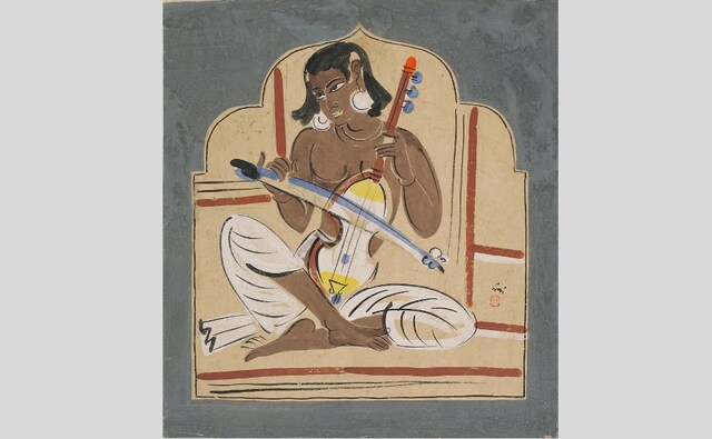 Another Nandalal Bose features an Esraj player in a tempera and graphite on handmade paper. Bose is said to have used ‘postcards’ like a visual diary, recording his observations of life in and around Shantiniketan. He was also known for creating posters for the congregations of the Indian National Congress. Image courtesy DAG Another Nandalal Bose features an Esraj player in a tempera and graphite on handmade paper. Bose is said to have used ‘postcards’ like a visual diary, recording his observations of life in and around Shantiniketan. He was also known for creating posters for the congregations of the Indian National Congress. Image courtesy DAG