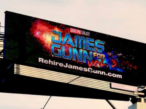 'Rehire James Gunn' digital billboard appears near Disneyland in protest of firing of Guardians of Galaxy director 'Rehire James Gunn' digital billboard appears near Disneyland in protest of firing of Guardians of Galaxy director