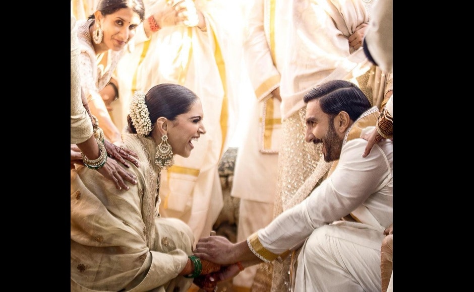 Because Deepika Padukone hails from Bangalore, the couple first got married in a traditional Konkani ceremony. Image via Twitter/@RanveerOfficial Because Deepika Padukone hails from Bangalore, the couple first got married in a traditional Konkani ceremony. Image via Twitter/@RanveerOfficial