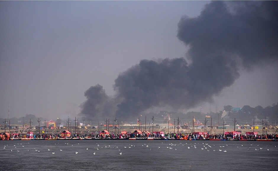 A cooking gas cylinder exploded in a tent at one of the areas on Monday, and triggered a massive fire. No loss of life or injury was reported. PTI