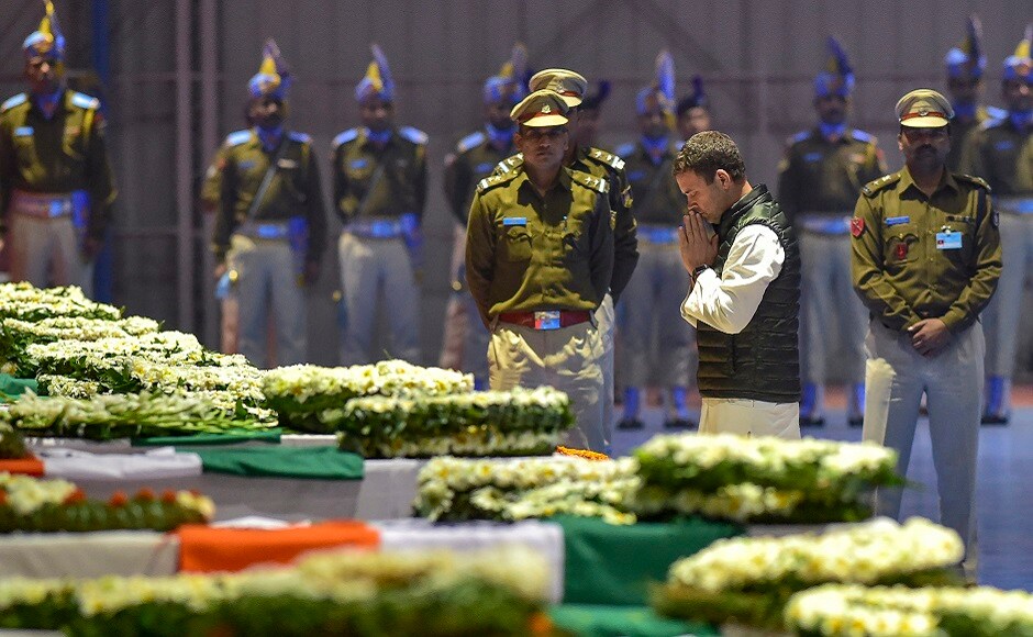Rahul Gandhi, Arvind Kejriwal, Ajit Doval, the chiefs of the three services — Army, Air Force and Navy — and senior cabinet ministers, including Nirmala Sitharaman, also paid their homage to the slain CRPF personnel. PTI Rahul Gandhi, Arvind Kejriwal, Ajit Doval, the chiefs of the three services — Army, Air Force and Navy — and senior cabinet ministers, including Nirmala Sitharaman, also paid their homage to the slain CRPF personnel. PTI