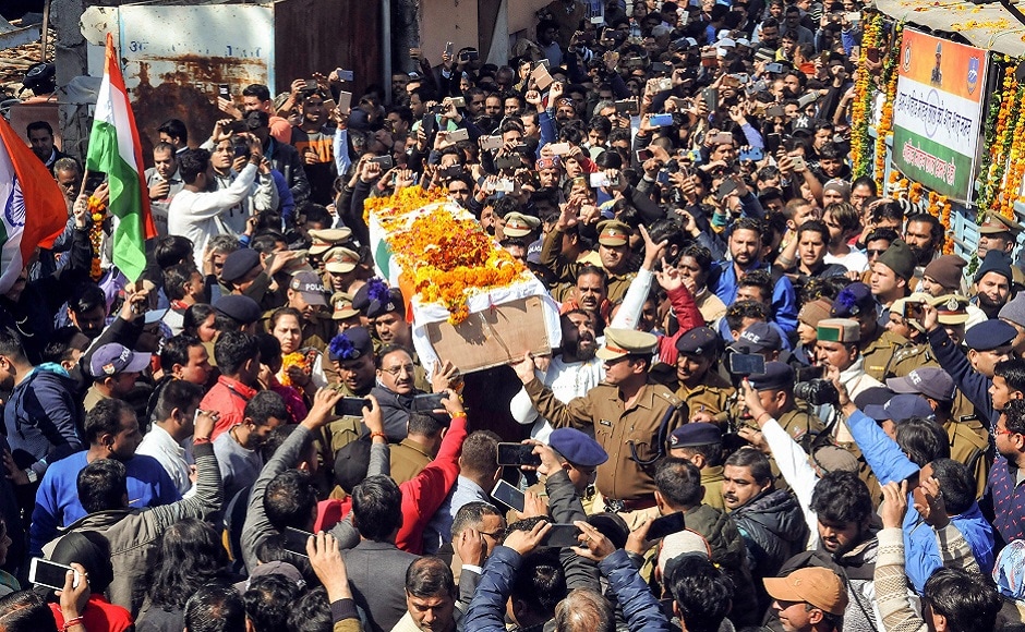 A large gathering during the cremation of slain CRPF Jawan Kaushal Kumar Rawat in Agra. PTI A large gathering during the cremation of slain CRPF Jawan Kaushal Kumar Rawat in Agra. PTI