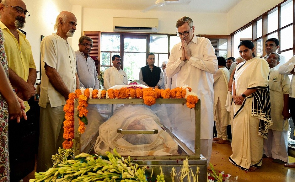National Conference's Omar Abdullah and Communist Party of India's D Raja also paid their respects to her on Sunday at her residence. PTI National Conference's Omar Abdullah and Communist Party of India's D Raja also paid their respects to her on Sunday at her residence. PTI