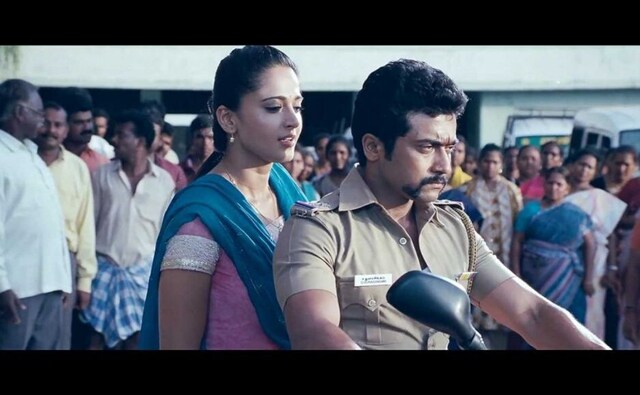 Suriya played an honest cop, Durai Singam in the film. Here he is seen with Baahubali's Anushka Shetty. Image from Twitter Suriya played an honest cop, Durai Singam in the film. Here he is seen with Baahubali's Anushka Shetty. Image from Twitter