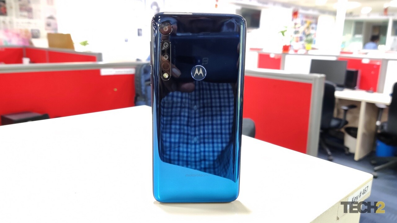 A very glossy polycarbonate back on the Moto One Macro.