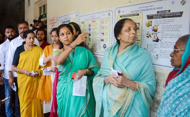 Senior Nationalist Congress Party (NCP) leader Supriya Sule was seen standing in a queue along with others, in the Baramati district of Maharashtra during the polls. PTI Senior Nationalist Congress Party (NCP) leader Supriya Sule was seen standing in a queue along with others, in the Baramati district of Maharashtra during the polls. PTI