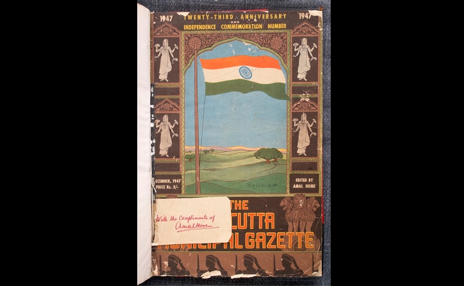 The Calcutta Municipal Gazette: 23rd Anniversary and Independence Commemoration Number, signed by Amal Home and gifted to Pulin Behari Sen. Additional signature by Pulin Behari Sen. This volume is also from Rathindranath Tagore and Mira Chatterjee’s collection | December 1947 issue. Published by Office of the Registrar of Newspapers, Calcutta. Pulin Behari was in charge of the publishing department at Santiniketan. The Calcutta Municipal Gazette: 23rd Anniversary and Independence Commemoration Number, signed by Amal Home and gifted to Pulin Behari Sen. Additional signature by Pulin Behari Sen. This volume is also from Rathindranath Tagore and Mira Chatterjee’s collection | December 1947 issue. Published by Office of the Registrar of Newspapers, Calcutta. Pulin Behari was in charge of the publishing department at Santiniketan.