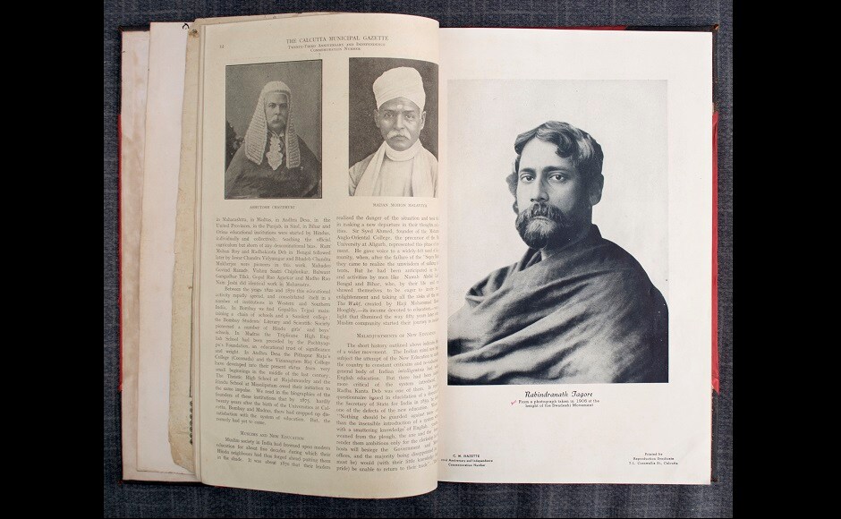 The Calcutta Municipal Gazette: 23rd Anniversary and Independence Commemoration Number by Amal Home, featuring a photograph of Rabindranath Tagore taken in 1906 at the height of the Swadeshi Movement. | Printed by Reproduction Syndicate, 7-1 Cornwallis Street, Calcutta. The Calcutta Municipal Gazette: 23rd Anniversary and Independence Commemoration Number by Amal Home, featuring a photograph of Rabindranath Tagore taken in 1906 at the height of the Swadeshi Movement. | Printed by Reproduction Syndicate, 7-1 Cornwallis Street, Calcutta.